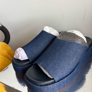 Seychelles Denim Blue and Leather Platform Slide Mules